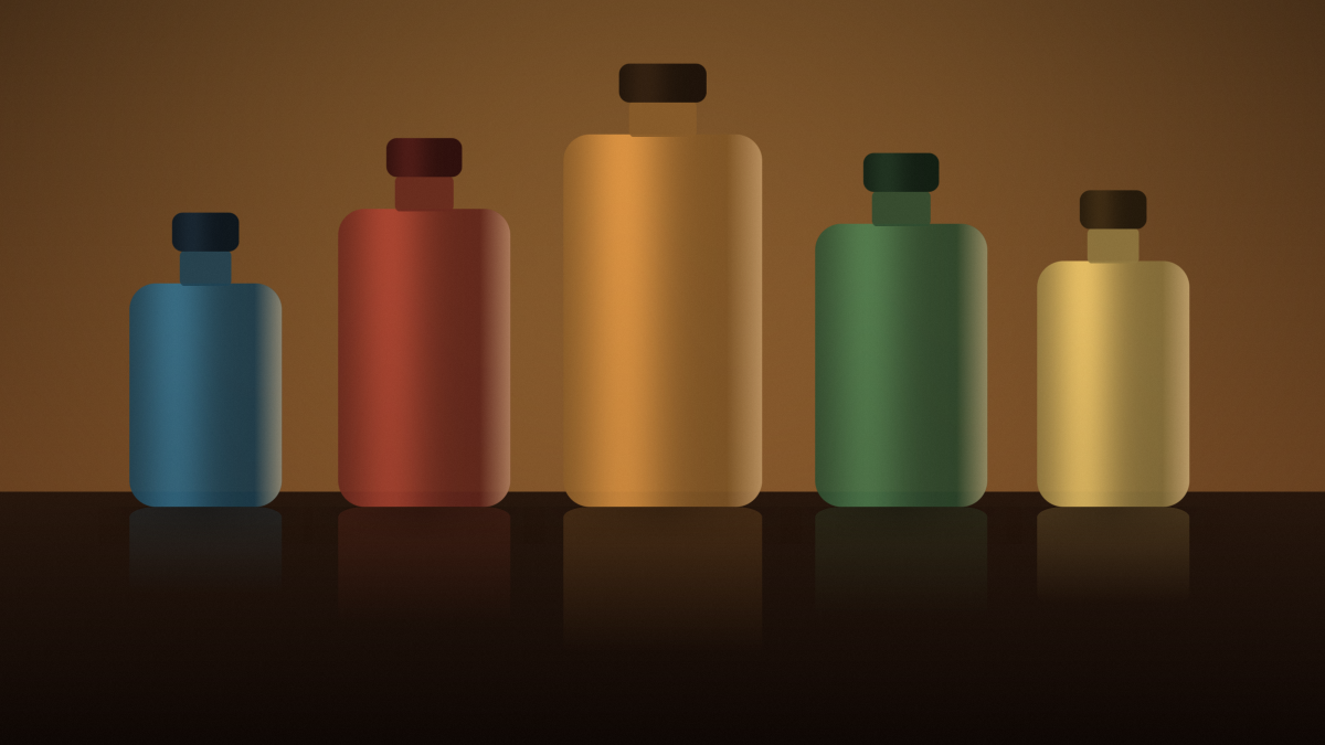 A warm, spotlit lineup of perfume bottles in different tints on a dark reflective surface — Meloscent's best clone fragrances of 2026.