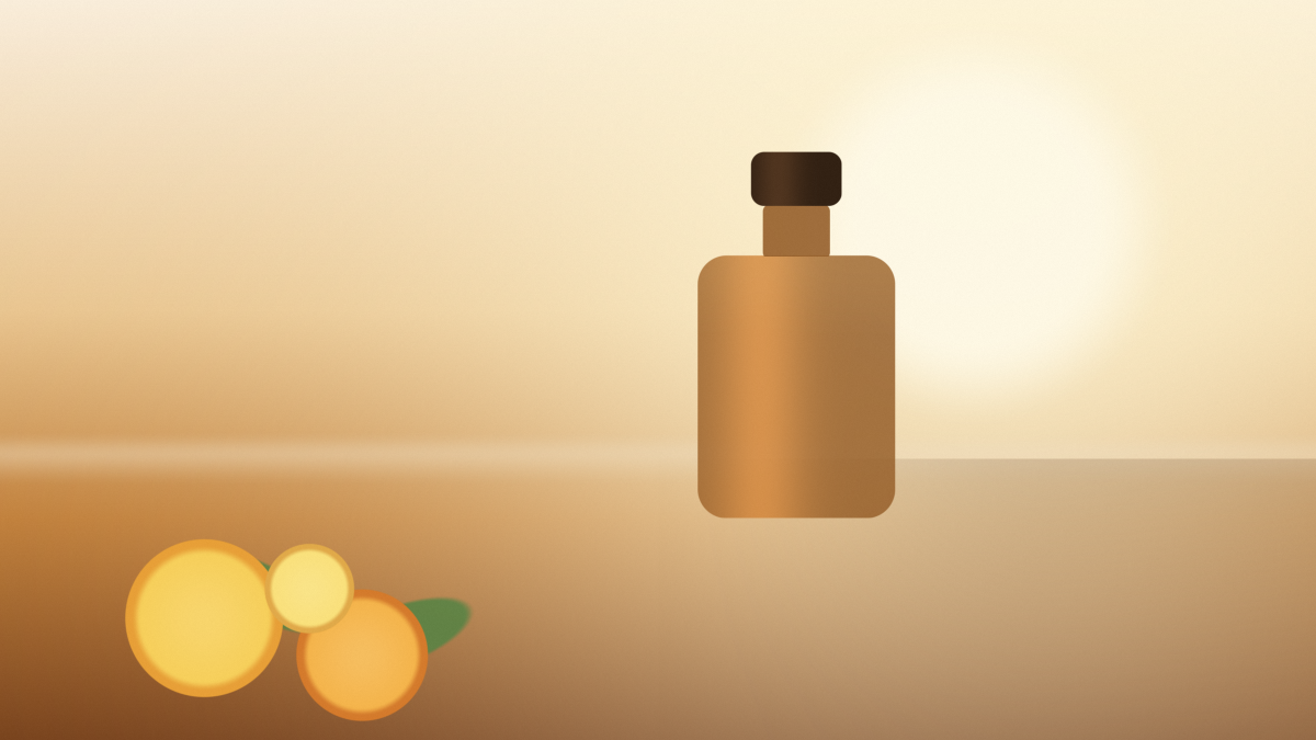 An amber glass perfume bottle in warm golden-hour light beside fresh citrus and green leaves — Meloscent's best summer perfumes 2026 edit.