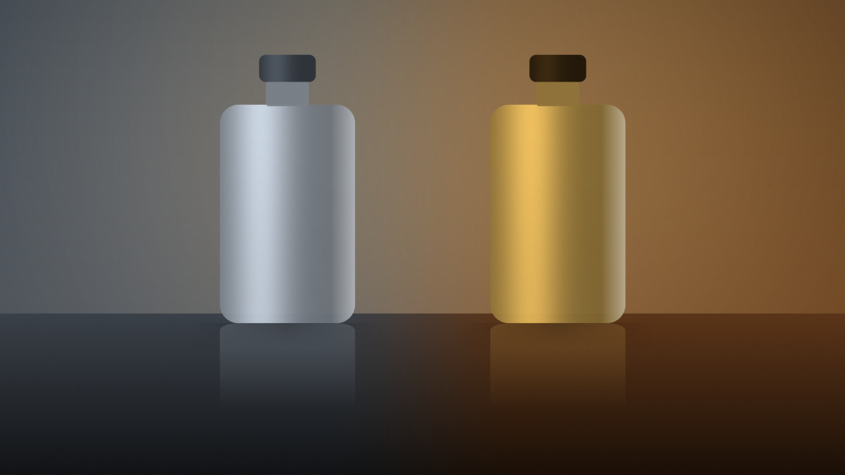 A cool silver-toned perfume bottle beside a warm gold-toned bottle on a dark reflective surface — Lattafa Ramz Silver vs Gold.